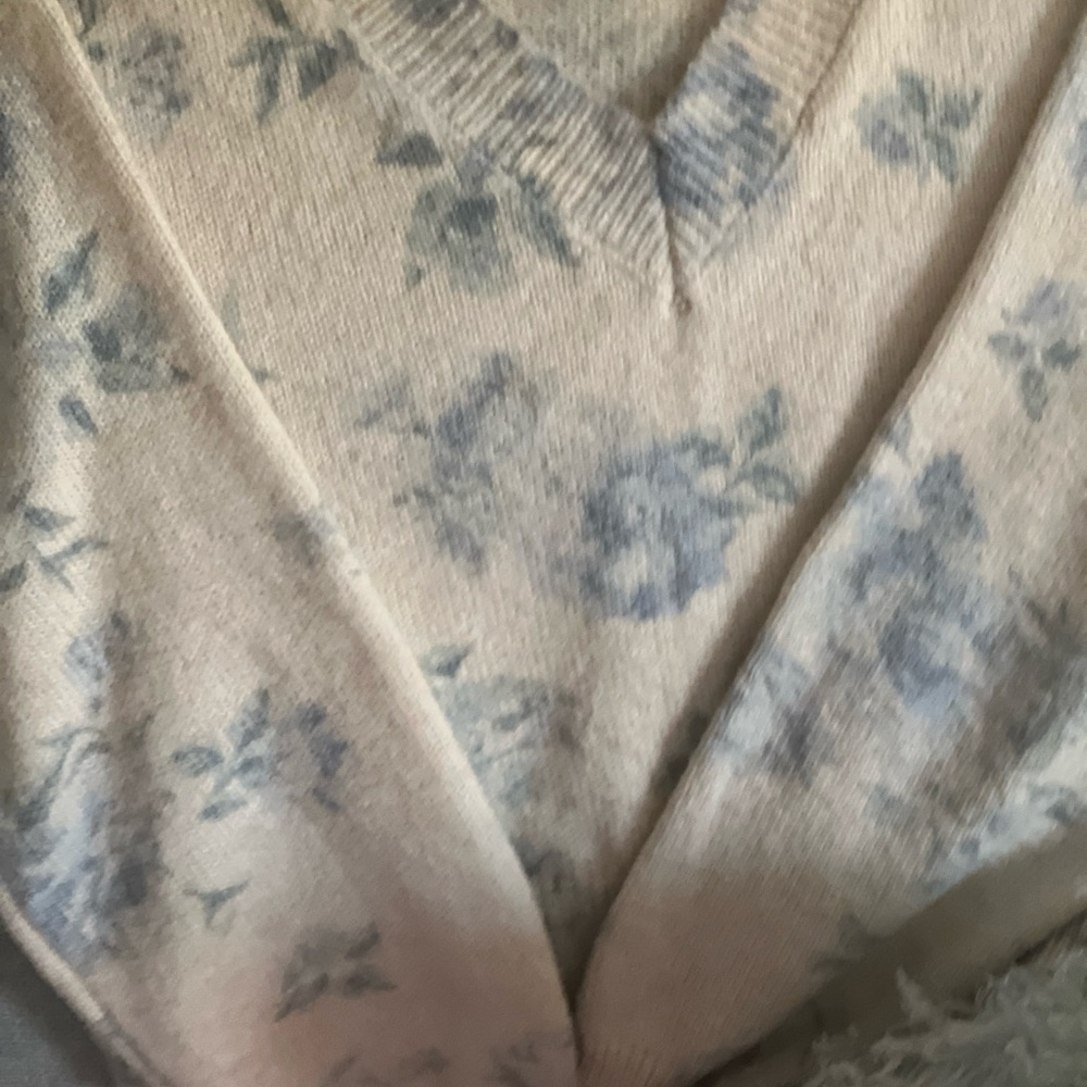 Sincerely Jules Beige and Blue Floral V-Neck Sweater